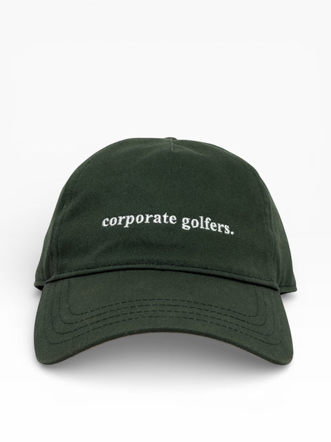 Green cap with 'corporate golfers' text on a white background