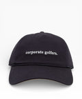 Navy cap with 'corporate golfers' text on a white background