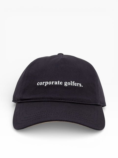 Navy cap with 'corporate golfers' text on a white background